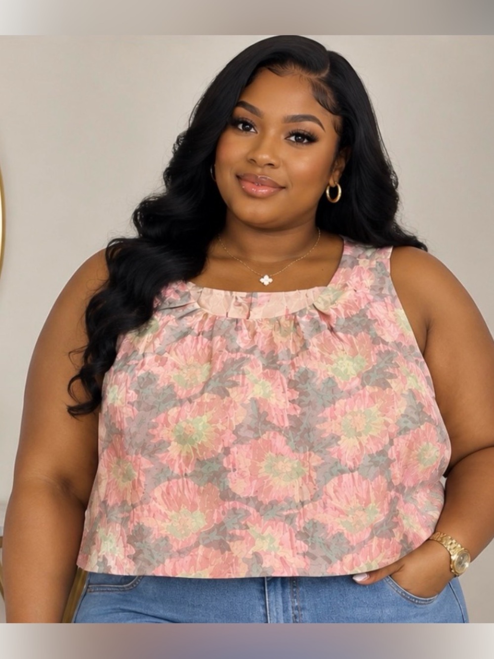 Abbey Glass Floral Jacquard Sleeveless Crop Top Women’s plus size.